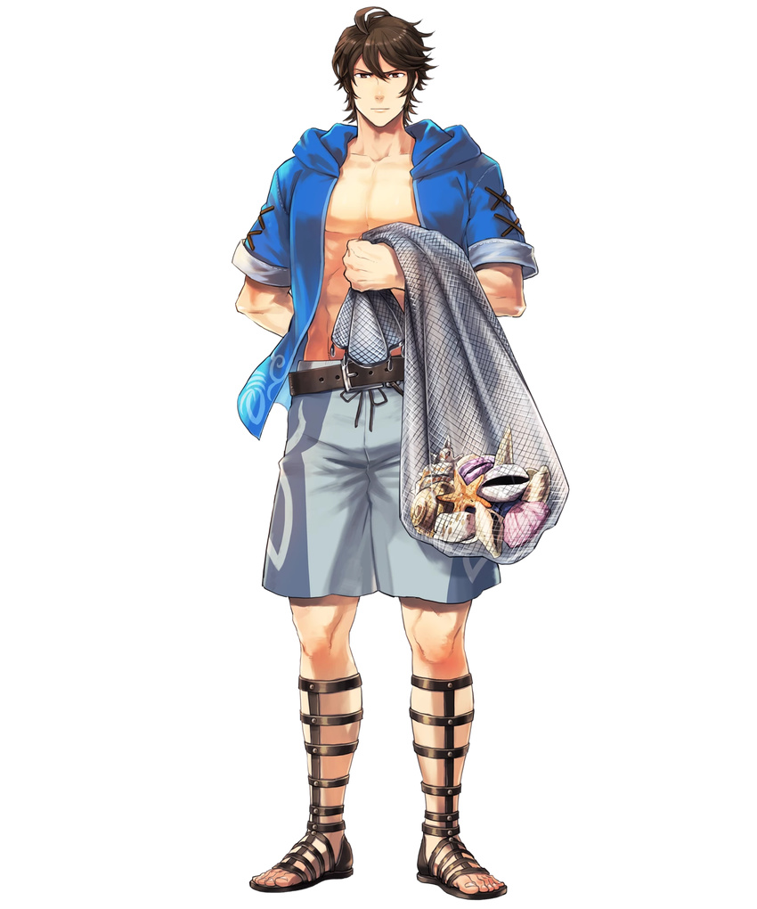 arm_behind_back belt brown_eyes brown_hair fire_emblem fire_emblem:_kakusei fire_emblem_heroes fishing_net frederik_(fire_emblem) full_body highres hood hooded_jacket jacket male_focus male_swimwear official_art open_clothes open_jacket sandals shell short_sleeves sleeves_folded_up solo starfish suekane_kumiko swim_trunks swimwear transparent_background