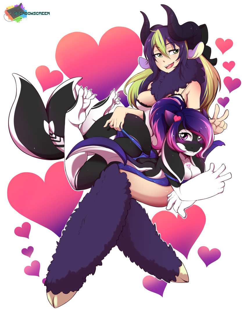 &lt;3 &lt;3_eyes 2017 5_fingers animal_humanoid anthro big_breasts black_skin breasts caprine cetacean clothed clothing dragon dragon_humanoid eyebrows eyelashes fan_character female green_eyes hair hi_res horn horror_story_(character) humanoid hybrid mammal marine multicolored_hair open_mouth orca orca_humanoid purple_eyes rainbowscreen sheep sheep_humanoid simple_background smile tongue two_tone_hair whale whale_humanoid