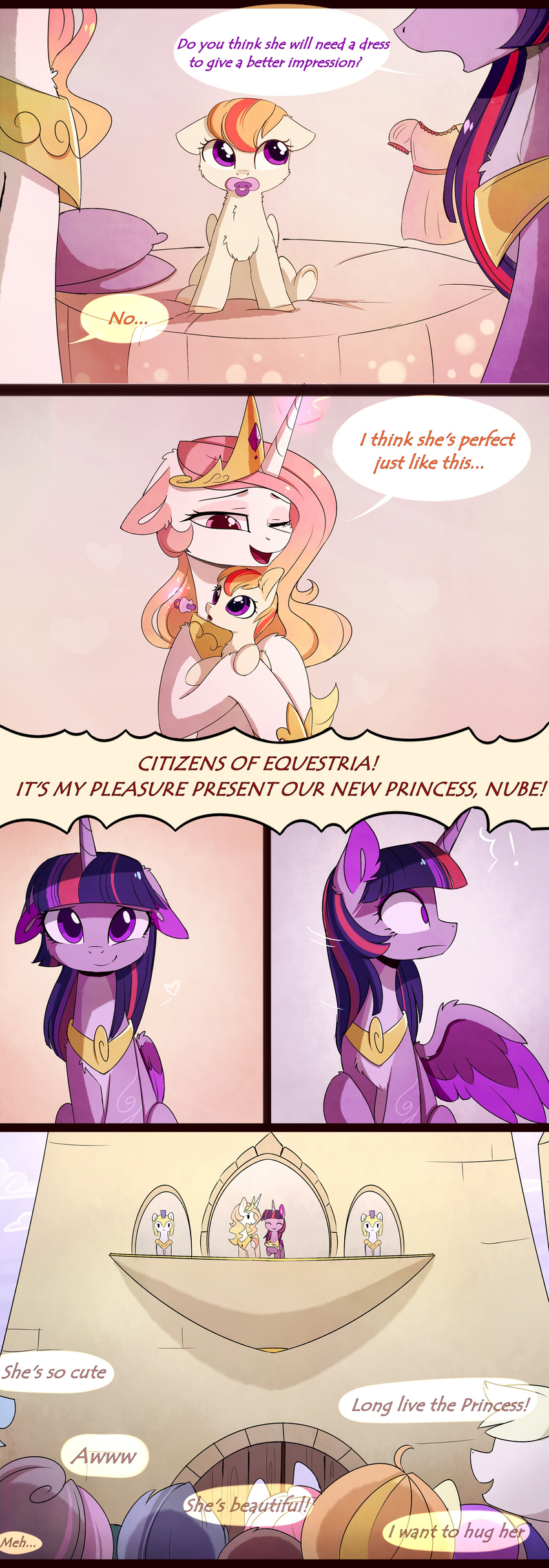 comic english_text equine eyelashes fan_character female feral friendship_is_magic fur group hair horn magnaluna mammal my_little_pony pink_eyes pink_hair princess_celestia_(mlp) purple_eyes purple_hair royal_guard_(mlp) smile text twilight_sparkle_(mlp) white_fur winged_unicorn wings