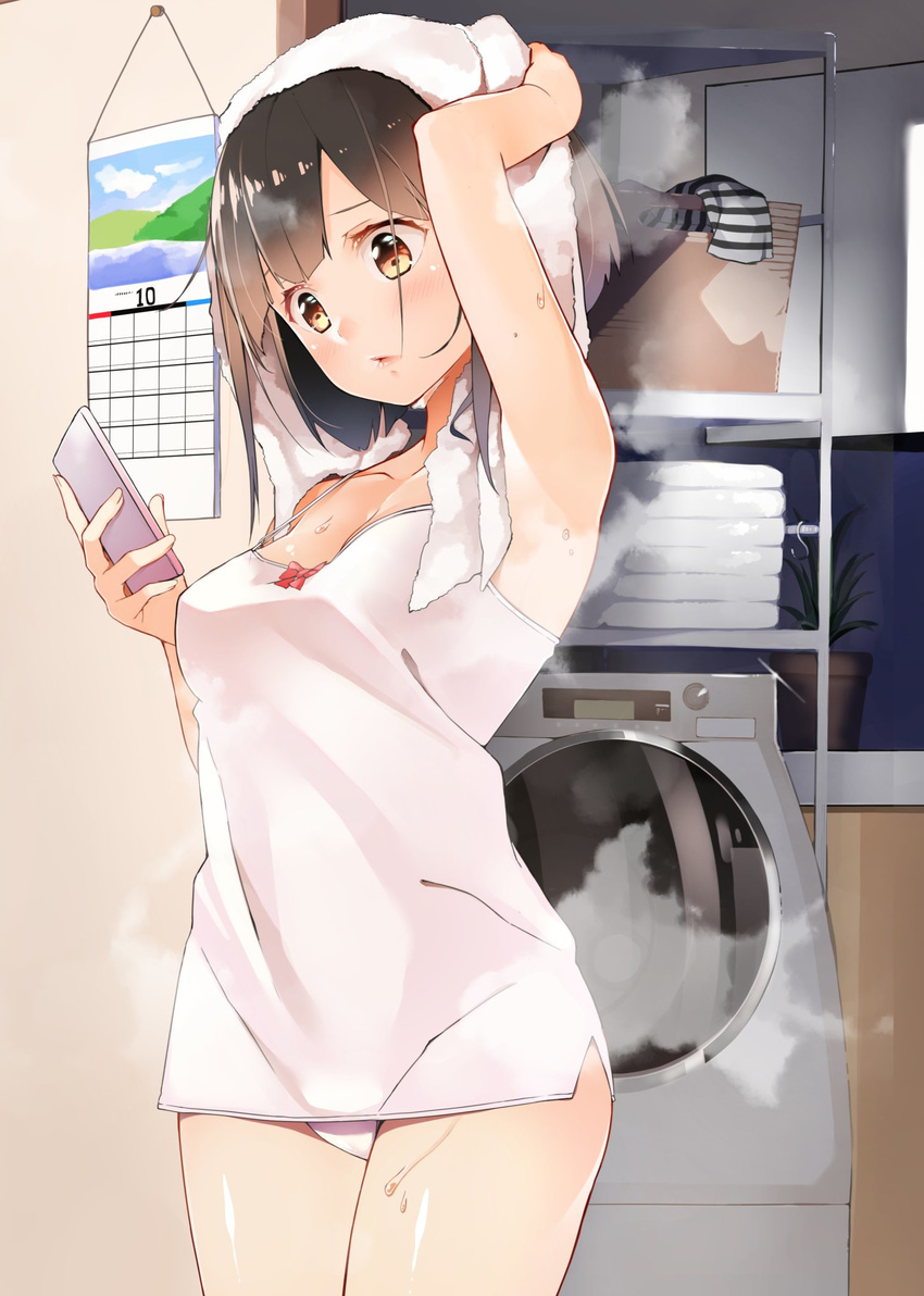 arm_up armpits bangs bare_arms black_hair blurry blush bow breasts brown_eyes brown_hair byte_(allbyte) calendar_(object) camisole cellphone clothes_removed collarbone cowboy_shot depth_of_field drying drying_hair hand_on_own_head highres holding holding_phone indoors laundry_basket lips looking_at_phone looking_at_viewer looking_down medium_breasts no_pants original panties parted_lips phone plant potted_plant red_bow revision shiny shiny_hair sleeveless smartphone solo standing steam strap_gap striped towel towel_on_head underwear wall washing_machine wet white_panties