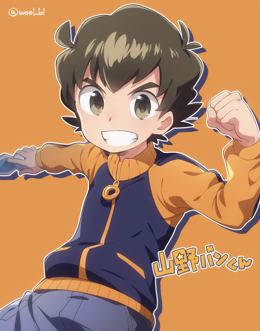 brown_eyes brown_hair character_name clenched_hand cowboy_shot danball_senki grin highres jacket keitomato male_focus orange_background outline simple_background smile solo twitter_username yamano_ban