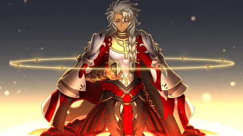 1boy arm_tattoo armlet armor asymmetrical_bangs bangle bangs blurry bracelet braid cape circle closed_mouth commentary_request cowboy_shot dark_skin dark_skinned_male eyebrows_visible_through_hair eyes_visible_through_hair fate/grand_order fate_(series) faulds floating floating_object glowing grey_hair hair_rings highres jewelry kotera_ryou light light_particles long_hair looking_down neck_ring o-ring outstretched_hand pixiv_fate/grand_order_contest_2 red_cape red_ribbon ribbon ring robe rope side_braid sidelocks single_braid smile solo solomon_(fate/grand_order) tassel tattoo very_long_hair yellow_eyes
