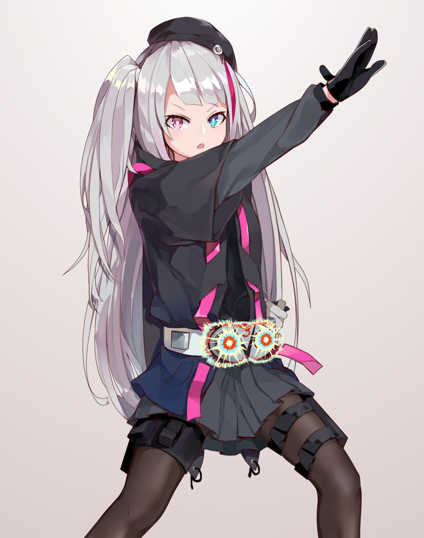 1girl absurdres bangs belt beret black_gloves black_hat black_legwear blue_eyes girls_frontline gloves grey_hair hat henshin_pose heterochromia highres kamen_rider kamen_rider_v3 kamen_rider_v3_(series) lez long_hair looking_at_viewer mdr_(girls_frontline) multicolored_hair one_side_up open_mouth pantyhose pink_eyes pink_hair pleated_skirt pose side_ponytail skirt solo streaked_hair thigh_strap