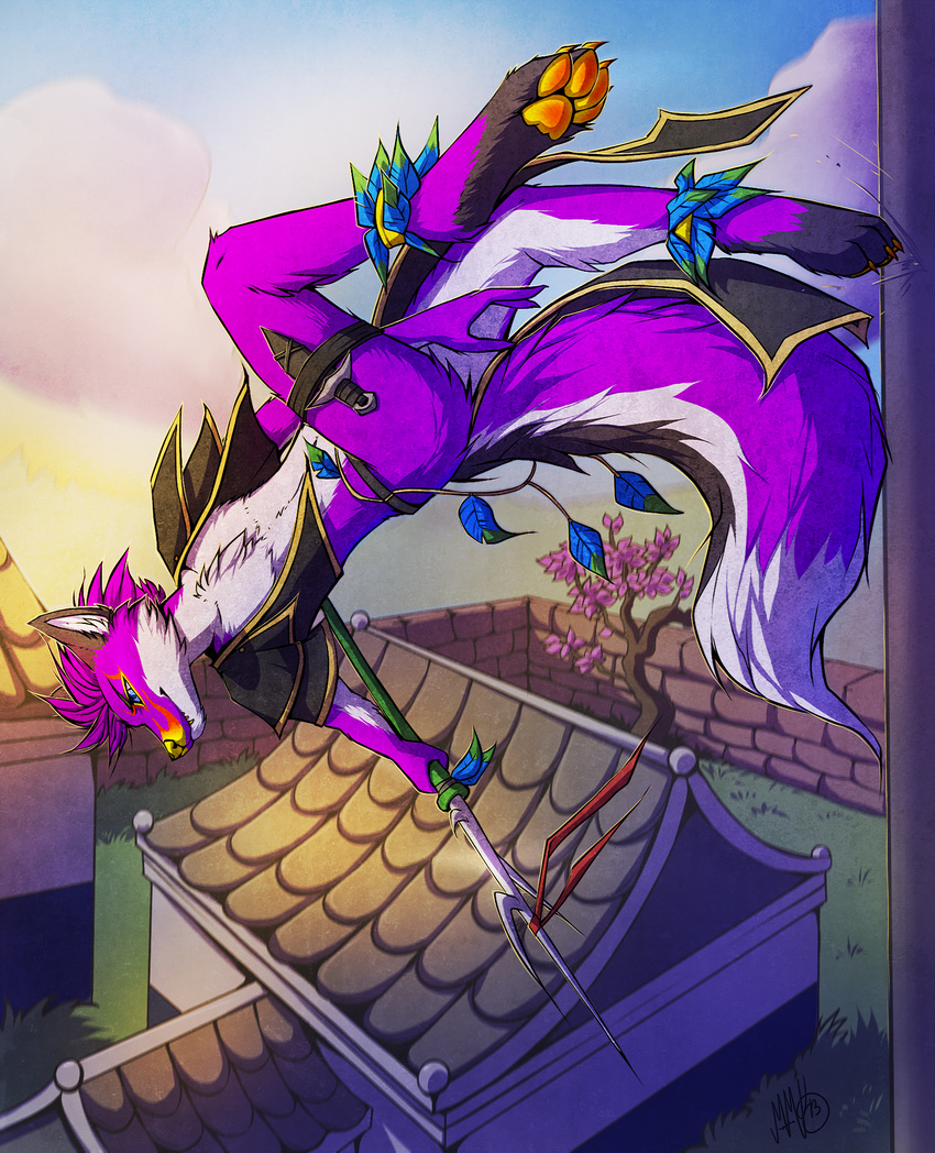 2013 4_toes anthro barefoot blue_eyes canine day detailed_background fox fur holding_object holding_weapon knife male mammal melee_weapon neotheta outside pawpads polearm purple_fur sky solo spear toes weapon