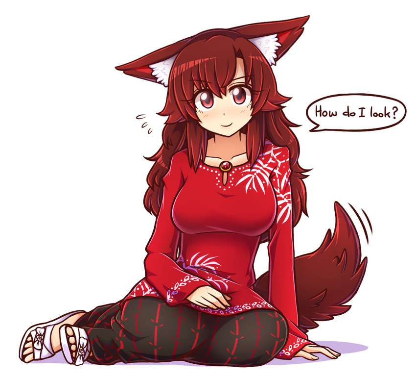 &gt;:) alternate_costume animal_ear_fluff animal_ears arm_support bamboo_print black_skirt blush breasts brooch brown_hair collarbone commentary english eyebrows_visible_through_hair flying_sweatdrops full_body hand_on_lap imaizumi_kagerou jewelry large_breasts long_hair long_sleeves looking_at_viewer medium_breasts red_eyes red_hair sandals shadow simple_background sitting skirt sleeves_past_wrists smile solo speech_bubble tail tail_wagging touhou traditional_clothes v-shaped_eyebrows wavy_hair white_background wolf_ears wolf_tail wool_(miwol) yokozuwari