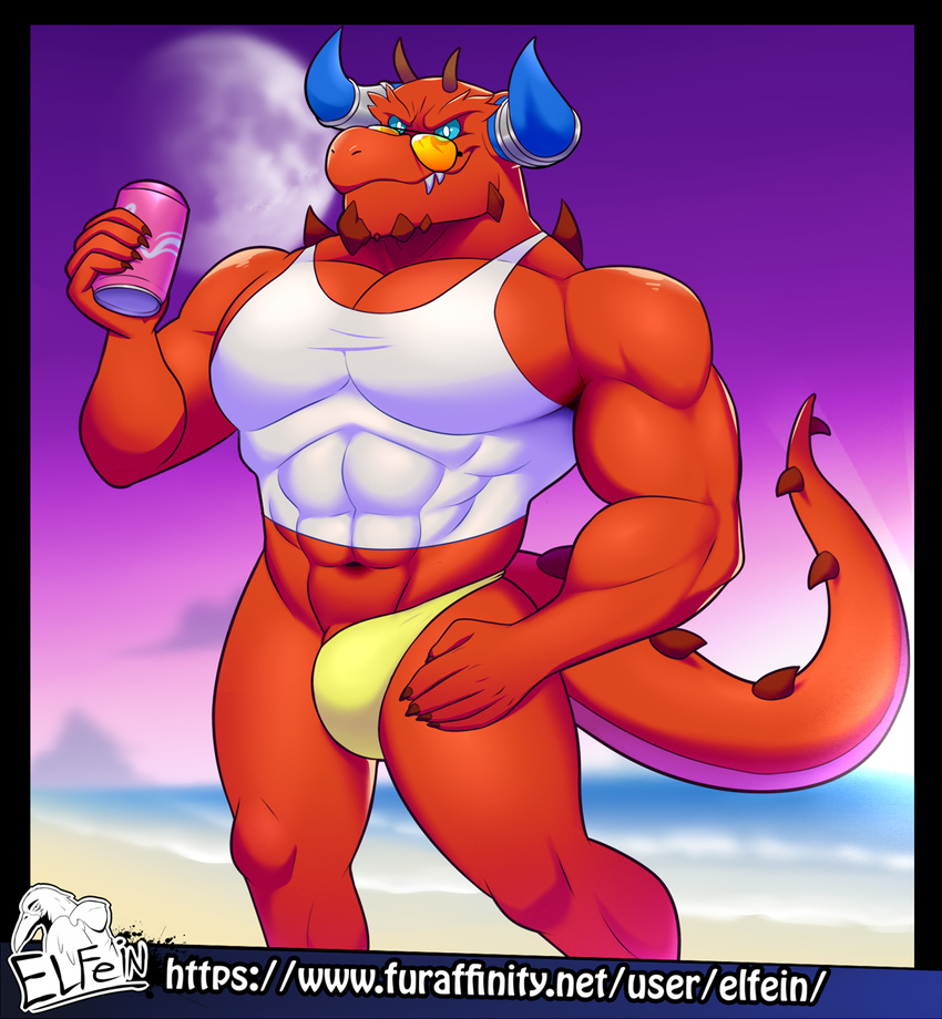 abs anthro barazoku beverage biceps can chaor chaotic clothed clothing demon elfein eyewear glasses horn looking_at_viewer male manly monster muscular muscular_male navel pecs penis sharp_teeth shirt smile soda solo speedo standing swimsuit tank_top teeth thick_thighs triceps