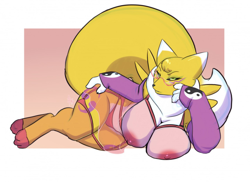 anthro big_breasts breasts clothing curvaceous digimon eyewear female glasses lavenderpandy looking_at_viewer lying nipples on_side renamon sheer_clothing solo translucent transparent_clothing underwear