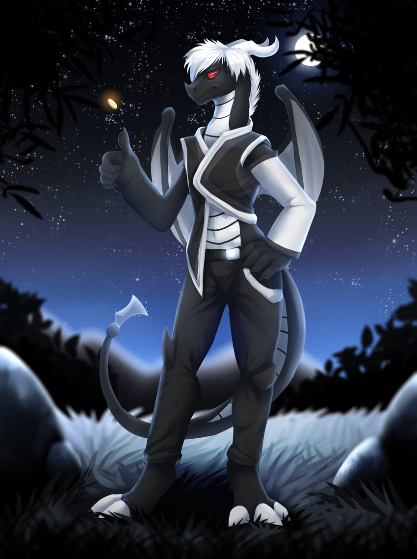 2017 anthro clothed clothing coin dragon male miramint night red_eyes relight solo