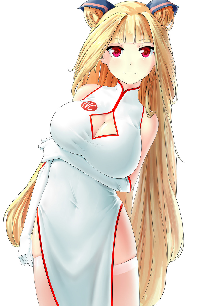 1girl blonde_hair breasts china_dress chinese_clothes cleavage covered_navel davvworlds double_bun dress hair_ornaments impossible_clothes kurchan large_breasts long_hair nchallenge nchans red_eyes simple_background sleeveless sleeveless_dress smile solo thighhighs white_dress
