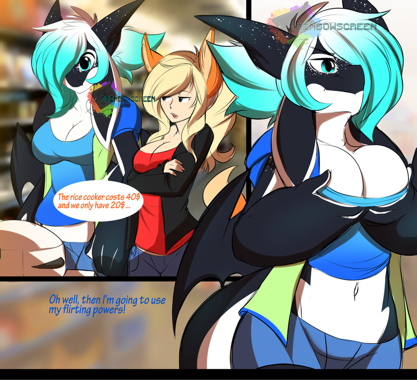 2017 5_fingers animal_humanoid anthro big_breasts blonde_hair blue_eyes blue_hair breast_grab breasts canine cetacean cleavage clothed clothing crossed_arms detailed_background dragon english_text female female/female fox fox_humanoid freckles gradient_hair hair hair_over_eye hand_on_breast humanoid hybrid mammal marine membranous_wings midriff multicolored_hair multicolored_skin navel open_mouth orca penelope rainbowscreen text two_tone_hair two_tone_skin whale wings yukira