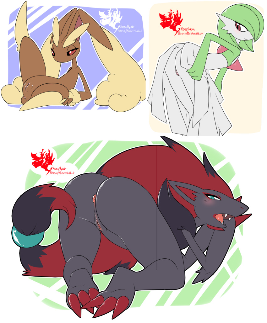 2019 anthro blush brown_fur butt canine claws digital_media_(artwork) female fur gardevoir greasyhyena grey_fur humanoid lagomorph looking_at_viewer lopunny mammal nintendo nude open_mouth pok&eacute;mon pok&eacute;mon_(species) pussy red_eyes solo tongue video_games zoroark