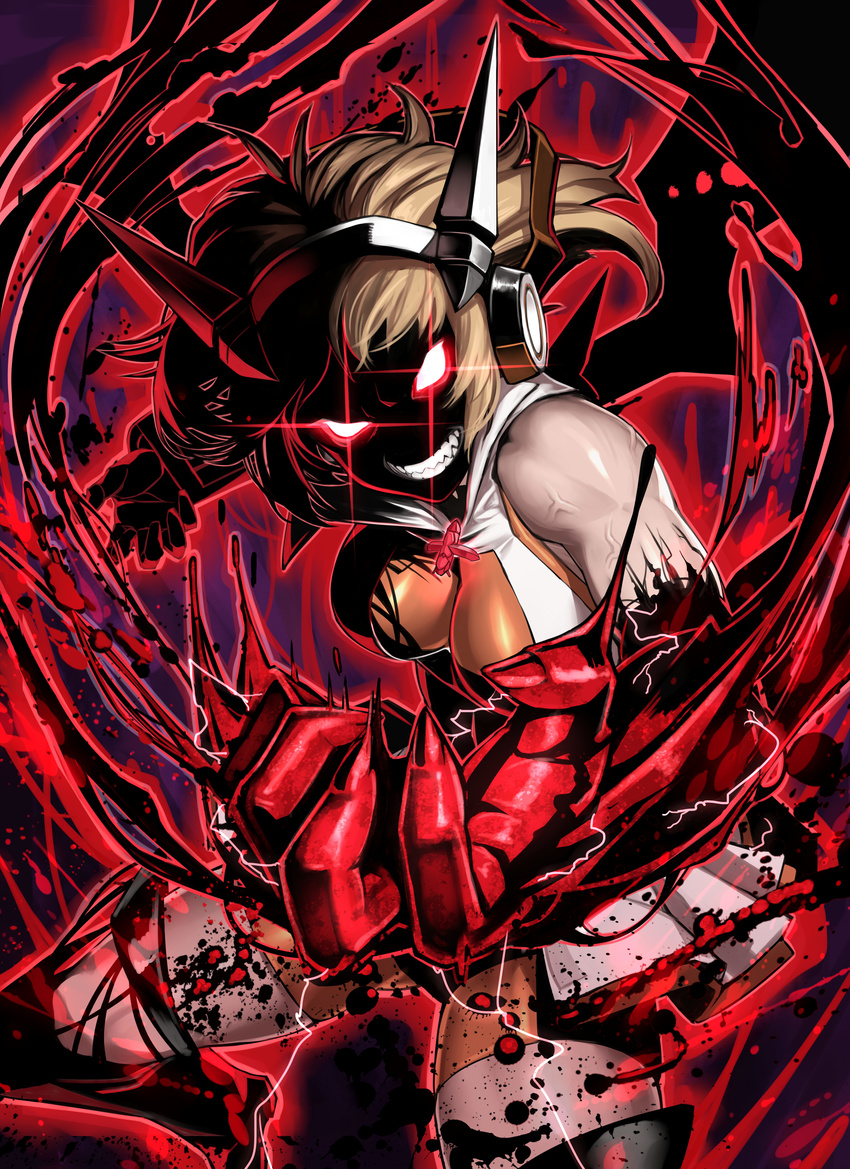 absurdres bare_shoulders berserker_rage bodysuit boots breasts brown_hair clenched_teeth commentary_request diffraction_spikes energy fingernails glowing glowing_eyes grin headgear highres looking_at_viewer medium_breasts muscle muscular_female orange_eyes red_eyes ryu0120 senki_zesshou_symphogear shiny shiny_clothes short_hair skirt smile solo tachibana_hibiki_(symphogear) teeth toned veins