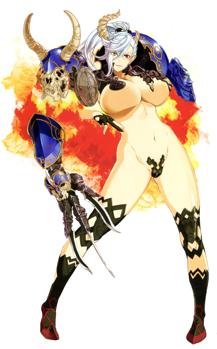1girl absurdres bat_hair_ornament belial_(the_seven_deadly_sins) black_gloves black_legwear breasts closed_mouth collarbone demon_girl demon_horns eyebrows_visible_through_hair fire full_body glasses gloves gluteal_fold groin hair_between_eyes hair_ornament heterochromia highres horns huge_breasts kneehighs leg_warmers legs_apart looking_at_viewer maebari midriff navel nishii_(nitroplus) partly_fingerless_gloves pauldrons pointy_ears red_eyes red_lips revealing_clothes scan simple_background smile solo standing stomach the_seven_deadly_sins thighhighs thighs underboob white_background white_hair yellow_eyes