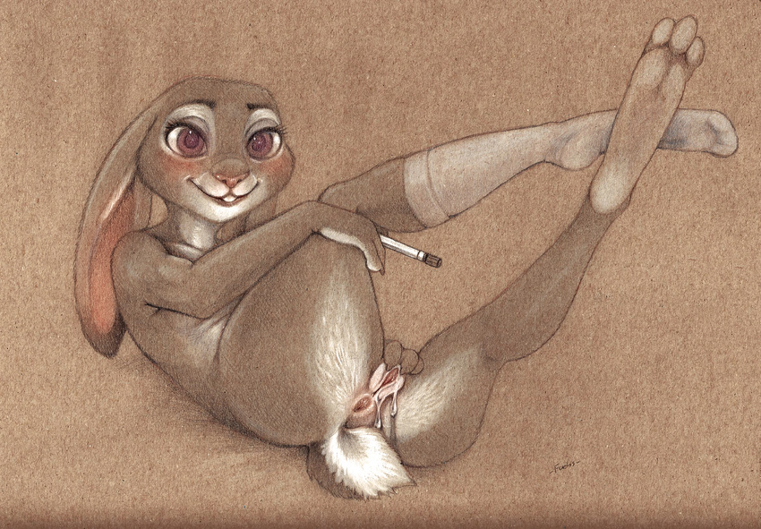 anthro anus blush butt clothing disney female fuchs fur happy judy_hopps lagomorph legwear looking_at_viewer lying mammal nude on_back presenting presenting_pussy purple_eyes pussy rabbit smile socks solo spreading zootopia