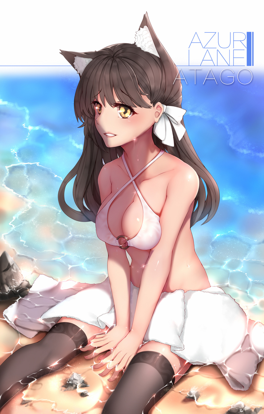 animal_ears atago_(azur_lane) azur_lane bangs bare_arms bare_shoulders beach between_legs bikini breasts brown_hair character_name cleavage collarbone commentary_request criss-cross_halter day extra_ears eyebrows_visible_through_hair eyelashes fingernails hair_ribbon halter_top halterneck hanami_dango_(zzldango) hand_between_legs highres large_breasts lips long_fingernails long_hair looking_at_viewer o-ring o-ring_bikini o-ring_top ocean outdoors parted_lips partially_submerged pink_lips ribbon sand shiny shiny_skin shore sitting smile solo sparkle swimsuit teeth thighhighs tied_hair towel towel_on_legs water wet white_bikini white_towel yellow_eyes