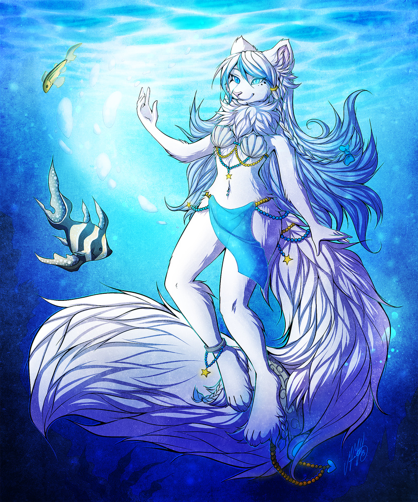 2013 4_toes 5_fingers anthro blue_hair braided_hair digitigrade feline fin fish fluffy fluffy_tail fur hair hybrid liger lion mammal marine midriff navel neotheta smile tiger toes underwater water white_fur white_hair wide_hips