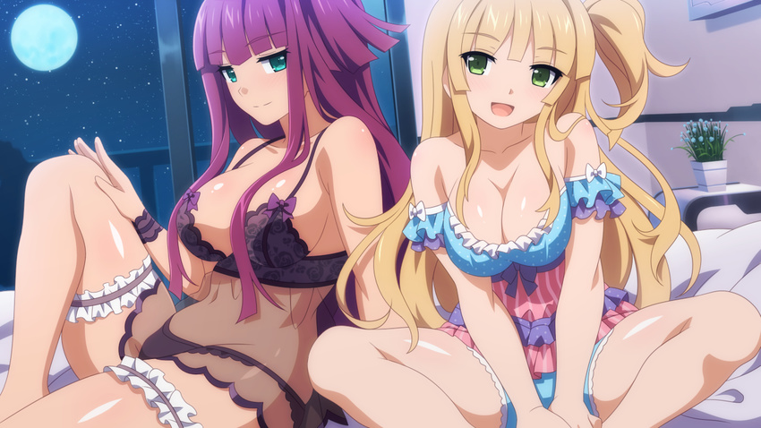 :d bangs bare_shoulders bed black_bra black_panties blunt_bangs blush bow bra breasts cleavage closed_mouth collarbone dutch_angle eyebrows_visible_through_hair frills full_moon game_cg green_eyes hand_on_own_knee head_tilt indoors large_breasts leg_garter long_hair looking_at_viewer moegihara_arisa moon multiple_girls night on_bed one_side_up open_mouth own_hands_together panties plant potted_plant purple_bow purple_hair sakura_nova setsuna_kaguya sitting sky smile spread_legs star_(sky) starry_sky underwear underwear_only v_arms very_long_hair wanaca white_bow