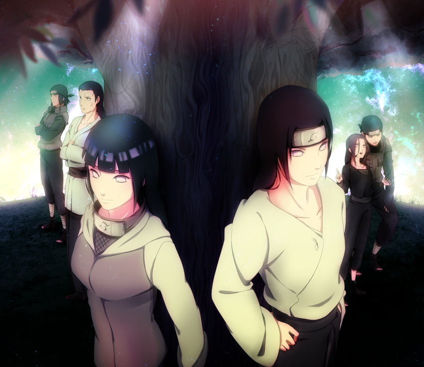 4boys bandages black_hair black_pants blurry character_request collarbone crossed_arms family forehead_protector hand_on_hip highres hyuuga_hanabi hyuuga_hiashi hyuuga_hinata hyuuga_kou hyuuga_neji hyuuga_tokuma light_particles long_hair multiple_boys multiple_girls naruto naruto_(series) naruto_shippuuden outdoors pants pict100wt shirt short_hair silver_eyes standing tree white_shirt