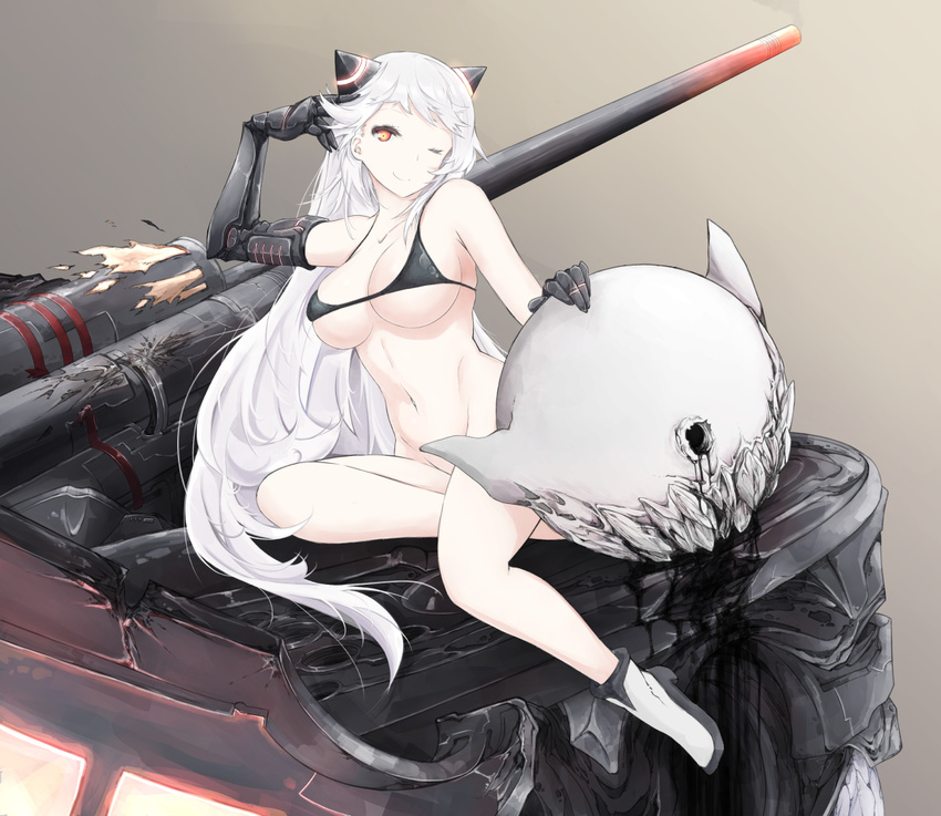 airfield_hime beetarp boots breasts cleavage collarbone high_heel_boots high_heels horns kantai_collection large_breasts long_hair looking_at_viewer one_eye_closed red_eyes shinkaisei-kan sitting smile solo swimsuit white_footwear white_hair