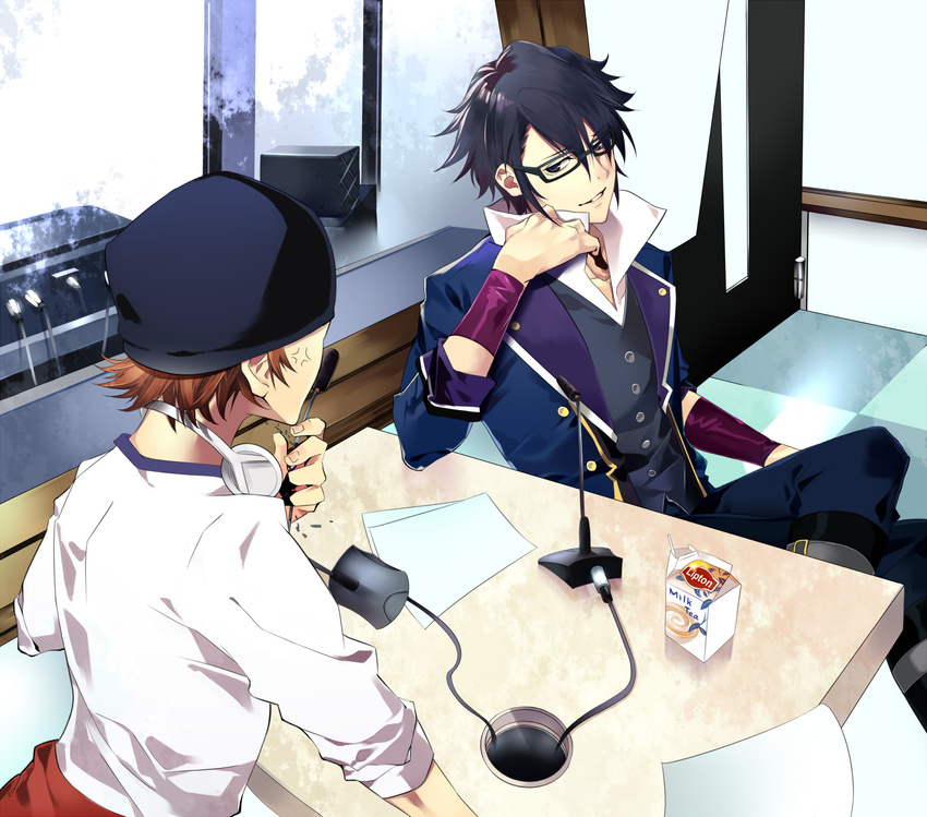 black-framed_eyewear black_hair black_pants bonnet brown_hair checkered checkered_floor collarbone crossed_legs fushimi_saruhiko glasses grin hair_between_eyes headphones headphones_around_neck highres k_(anime) male_focus microphone multiple_boys pants shirt smile white_shirt yata_misaki yukibana