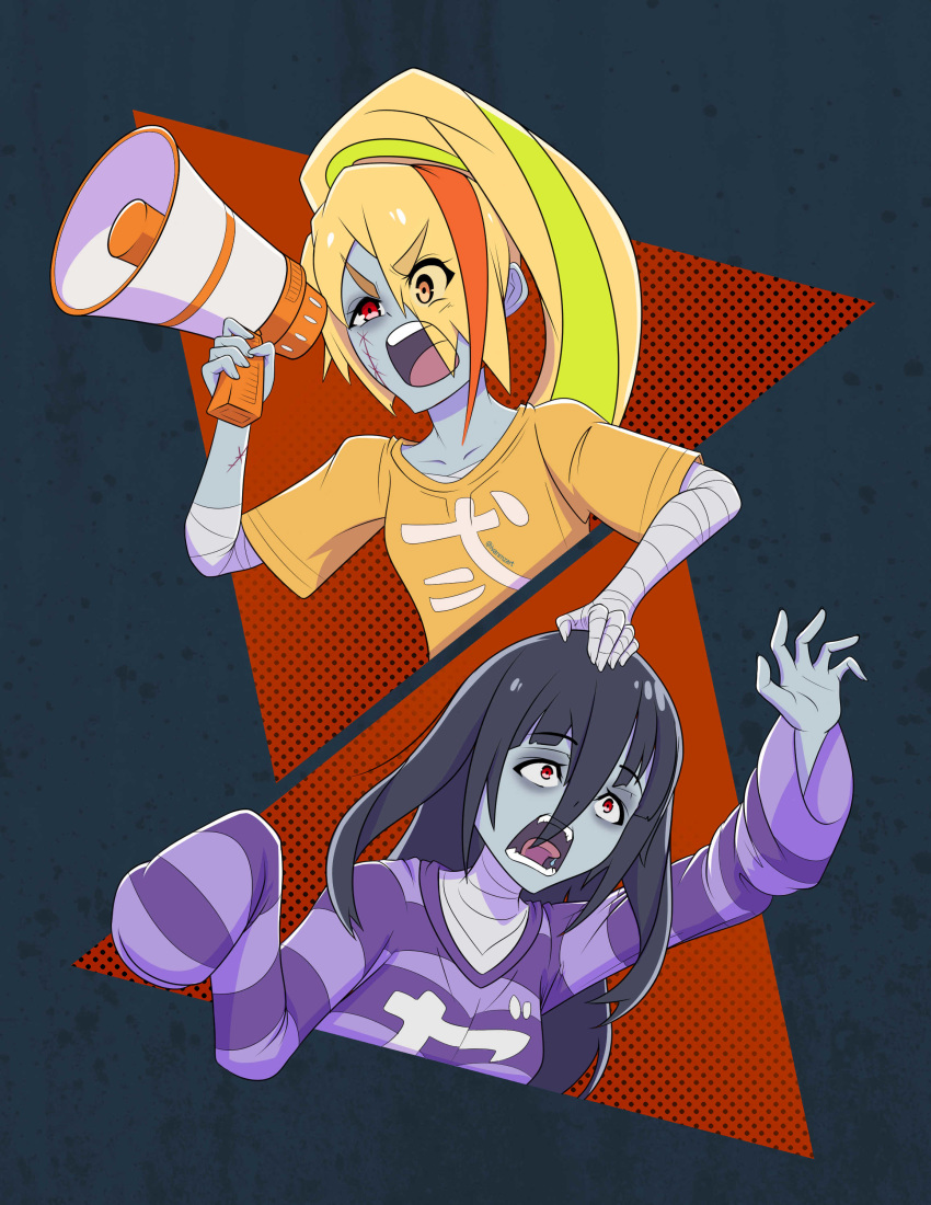 2girls absurdres bandage black_hair blonde_hair clothes_writing eyebrows_visible_through_hair eyes_visible_through_hair facial_scar hair_between_eyes hair_over_one_eye hand_on_another's_head highres holding_megaphone ivanmzart long_hair multicolored_hair multiple_girls nikaidou_saki open_mouth ponytail red_eyes scar shouting sleeves_past_fingers sleeves_past_wrists streaked_hair teeth tongue v-shaped_eyebrows yamada_tae zombie zombie_land_saga