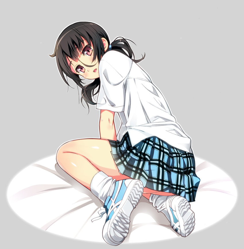 bangs black_hair blue_skirt blush commentary_request dress_shirt eyebrows_visible_through_hair from_behind grey_background looking_at_viewer looking_back low_twintails nyoro_(nyoronyoro000) open_mouth original pink_eyes pleated_skirt shirt shoes short_sleeves simple_background sitting skirt sneakers socks solo thighs twintails wavy_hair white_legwear white_shirt