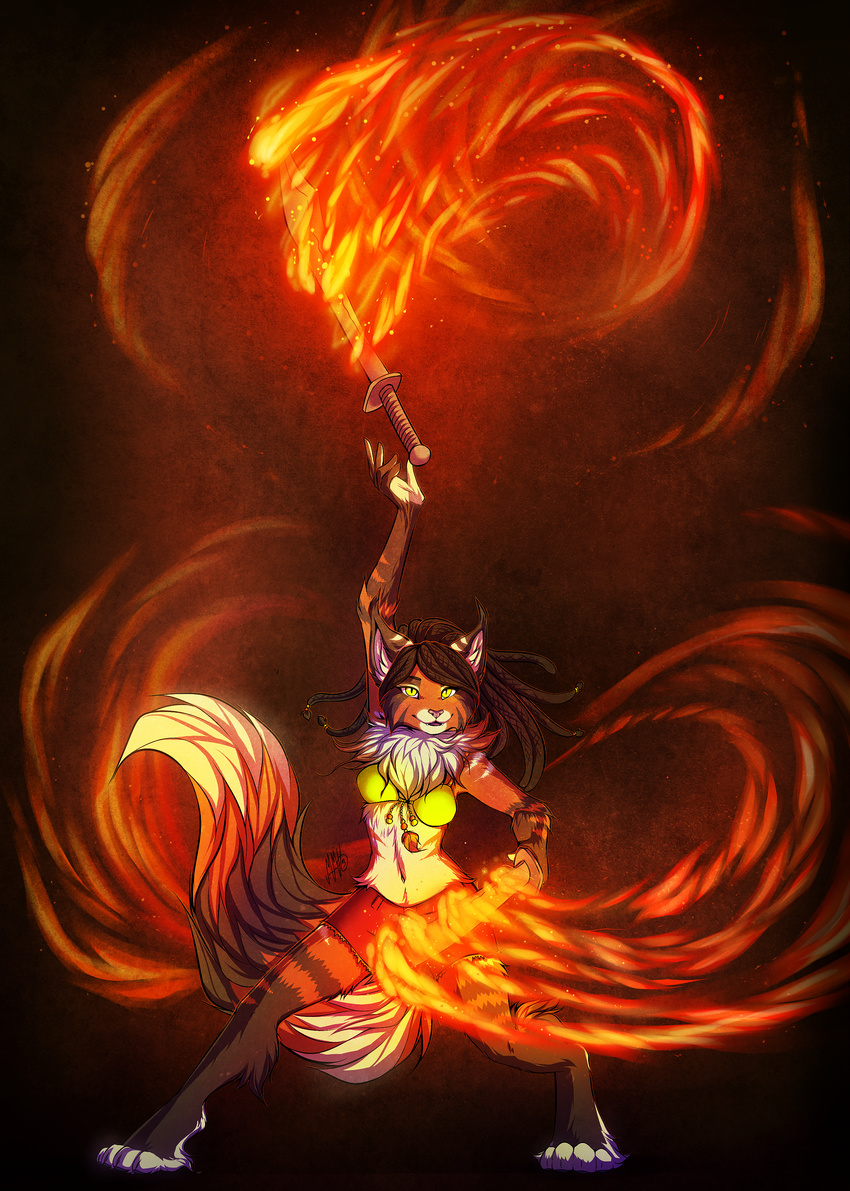 2013 4_toes 5_fingers action_pose anthro barefoot braided_hair breasts clothed clothing digitigrade feline female fire hair mammal melee_weapon midriff navel neotheta simple_background solo standing sword toes weapon yellow_eyes