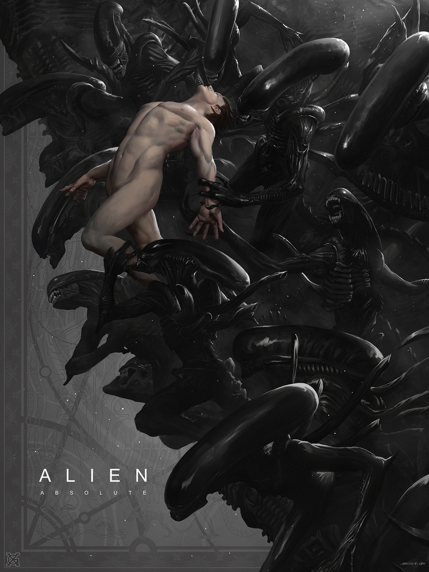 alien alien_(movie) arm_grab breasts fangs highres leg_grab nude open_mouth science_fiction signature tail teeth xenomorph xiaoguimist