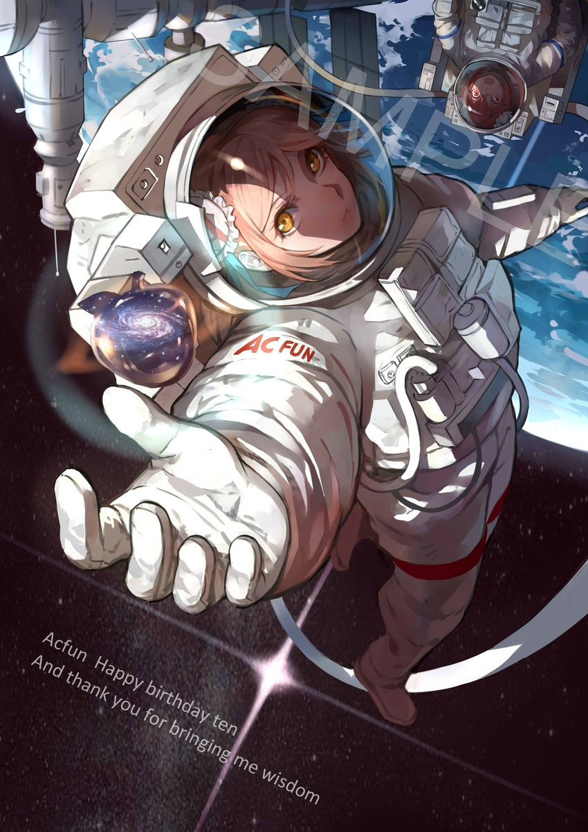acfun acfun_girl astronaut baimao_sunny bun_cover cable diffraction_spikes double_bun earth galaxy gem highres light_brown_hair looking_at_viewer multiple_girls outstretched_hand reaching_out sample serious solo_focus source_request space space_helmet space_station spacesuit star_(sky) td_girl text_focus watermark yellow_eyes zero_gravity