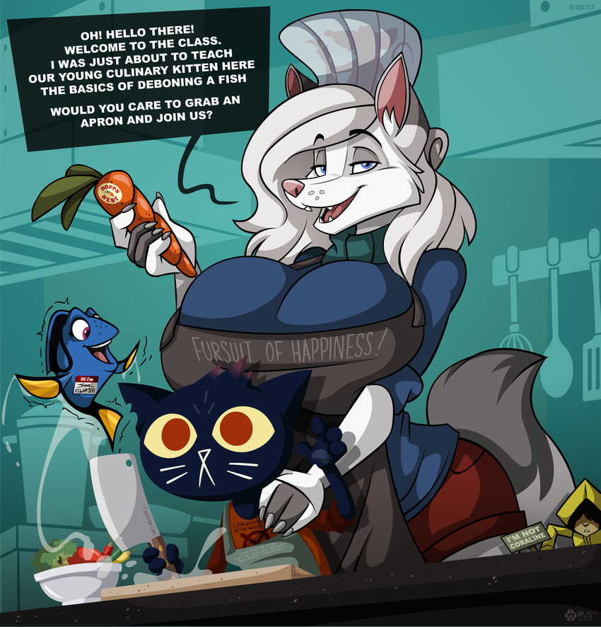 anthro big_breasts breasts canine cat dory english_text feline female feral finding_nemo fish food group hi_res huge_breasts humanoid mae_(nitw) male mammal marine night_in_the_woods text wolf wolfjedisamuel