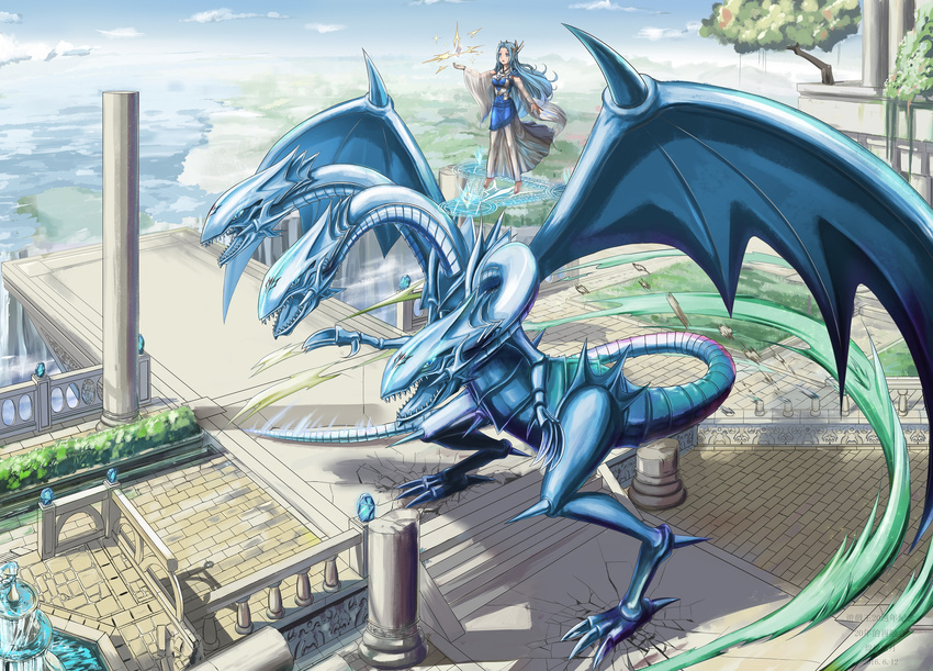 barefoot blue-eyes_ultimate_dragon blue_eyes blue_hair breasts card dragon eyebrows_visible_through_hair floating highres holding holding_card huanghyy large_breasts long_hair looking_away magic_circle parted_lips priestess_with_eyes_of_blue runes tree yuu-gi-ou