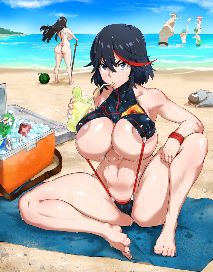 4girls adapted_costume alternate_breast_size areola_slip areolae ass bad_id bad_pixiv_id barefoot beach beach_towel black_hair blue_eyes blue_sky blush breasts carrying commentary_request covered_nipples day drink drinking_straw food fruit gamagoori_ira halter_top halterneck highres huge_breasts ice_box inumuta_houka jakuzure_nonon kill_la_kill kiryuuin_satsuki kunaboto large_areolae looking_at_viewer mankanshoku_mako matoi_ryuuko multiple_boys multiple_girls navel ocean outdoors planted_sword planted_weapon revealing_clothes sanageyama_uzu senketsu shoulder_carry skindentation sky slingshot_swimsuit solo_focus spread_legs swimsuit sword symbol-shaped_pupils toes towel watermelon weapon wet