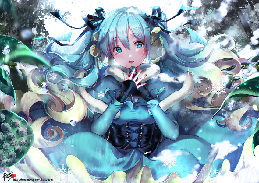 black_ribbon blue_eyes blue_hair blue_nails blush bubble crying crying_with_eyes_open fusion hair_ribbon hatsune_miku highres holding holding_microphone kyjsogom long_hair long_sleeves looking_at_viewer md5_mismatch microphone nail_polish naver_username parted_lips ribbon snow snowflakes snowing solo tears teeth vocaloid watermark web_address yuki_miku