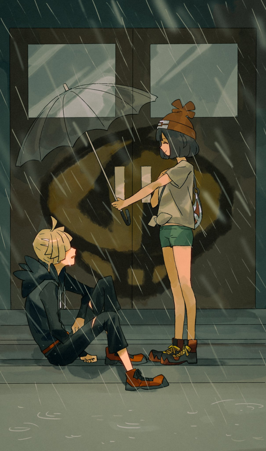 1girl ^_^ bag beanie black_hair black_pants blonde_hair closed_eyes commentary_request door from_side giving gladio_(pokemon) hair_over_one_eye hat highres holding holding_umbrella hood hoodie knees_up mizuki_(pokemon) outdoors outstretched_arm pants pokemon pokemon_(game) pokemon_sm profile rain shirt shorts sitting smile standing story_yin team_skull tied_shirt umbrella wet wet_clothes wet_hair