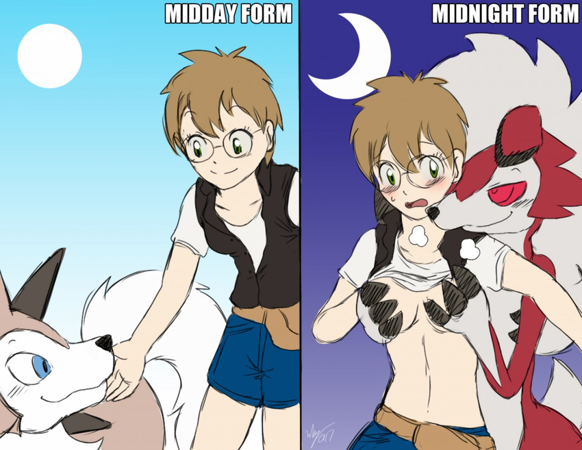 blue_eyes breast_grab breasts brown_fur canine clothing eyewear female feral fur glasses green_eyes hand_on_breast human lycanroc mammal midday_lycanroc midnight_lycanroc nintendo pok&eacute;mon red_eyes red_fur sniffing video_games winick-lim