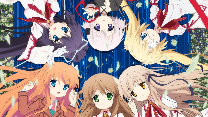 arm_ribbon black_dress black_hair blazer blonde_hair blue_eyes braid brown_hair circle_formation dress eyepatch flower green_eyes hair_flower hair_ornament hair_ribbon highres jacket kagari_(rewrite) kanbe_kotori konohana_lucia long_hair looking_at_viewer medical_eyepatch multiple_girls nakatsu_shizuru ootori_chihaya open_mouth orange_hair ponytail purple_eyes rewrite ribbon school_uniform senri_akane short_hair silver_hair smile twin_braids twintails two_side_up yellow_eyes