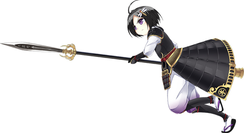 ahoge armor black_hair bug dragonfly full_body gloves hair_ornament holding holding_weapon insect kanzaki_karuna odaki_(oshiro_project) official_art oshiro_project oshiro_project_re polearm purple_eyes short_hair solo spear transparent_background weapon