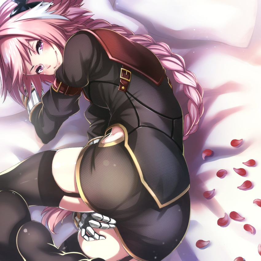 ass astolfo_(fate) blush braid commentary_request crossdressing fang fate/apocrypha fate_(series) garter_straps hair_ribbon highres hip_vent long_hair looking_at_viewer male_focus ohara_hiroki otoko_no_ko pink_hair purple_eyes ribbon single_braid smile solo thighhighs