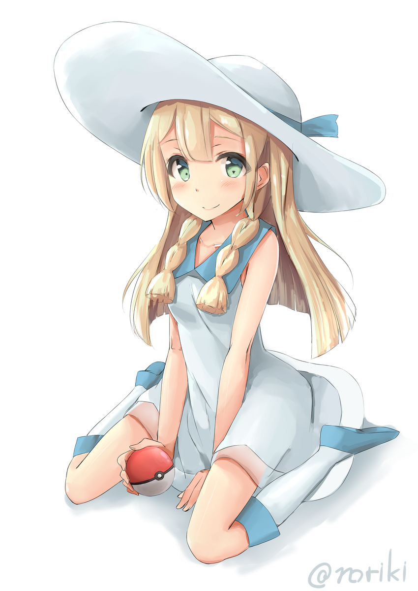 absurdres artist_name bangs bare_shoulders blonde_hair blue_footwear blue_ribbon blunt_bangs blush braid breasts closed_mouth collarbone collared_dress commentary_request dress full_body green_eyes hat hat_ribbon highres holding holding_poke_ball honorikiti kneehighs lillie_(pokemon) long_hair poke_ball poke_ball_(generic) pokemon pokemon_(game) pokemon_sm ribbon see-through shadow shoes simple_background sitting sleeveless sleeveless_dress small_breasts smile sun_hat sundress twin_braids wariza white_background white_dress white_hat white_legwear