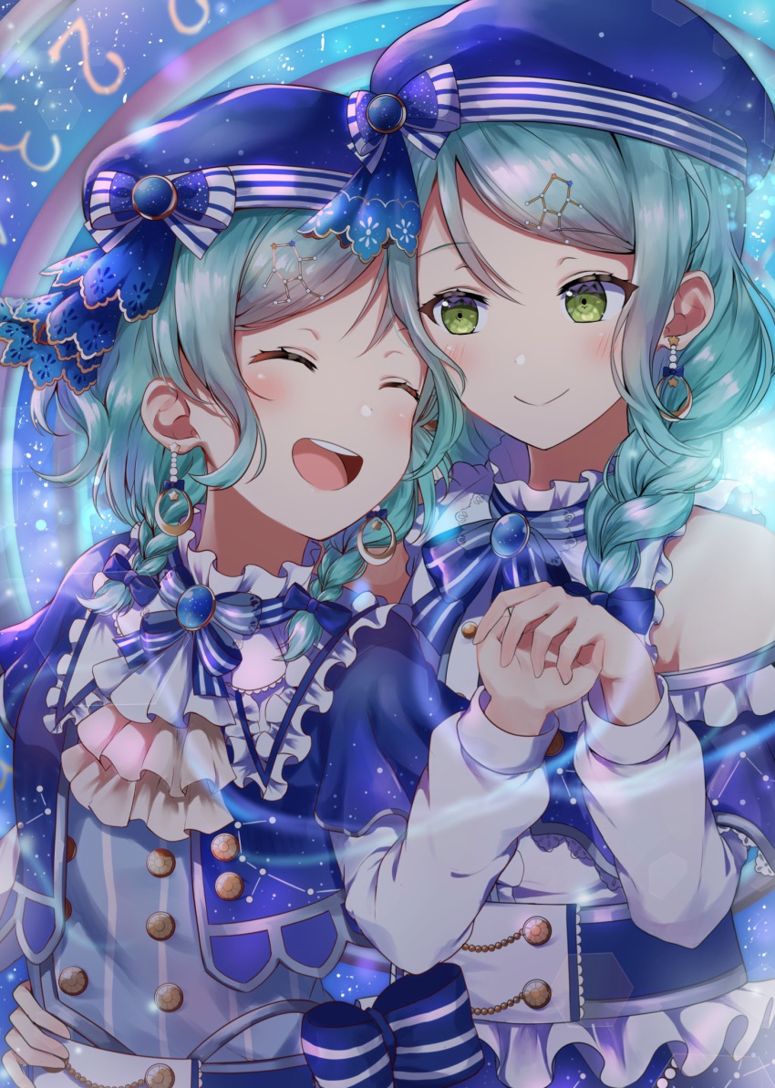 2girls :d ^_^ alternate_hairstyle aqua_hair arm_around_waist ascot bang_dream! beret blue_bow blue_hat blue_neckwear blush bow braid closed_eyes constellation_hair_ornament constellation_print double-breasted earrings eyes_closed frilled_shirt_collar frills green_eyes hair_bow hair_over_shoulder hand_on_another's_waist hat hat_bow highres hikawa_hina hikawa_sayo incest jewelry long_hair long_sleeves looking_at_another mia_(fai1510) multiple_girls neck_ribbon open_mouth ribbon short_hair shoulder_cutout siblings side_braids single_braid sisters smile striped striped_bow striped_neckwear twincest twins upper_body yuri