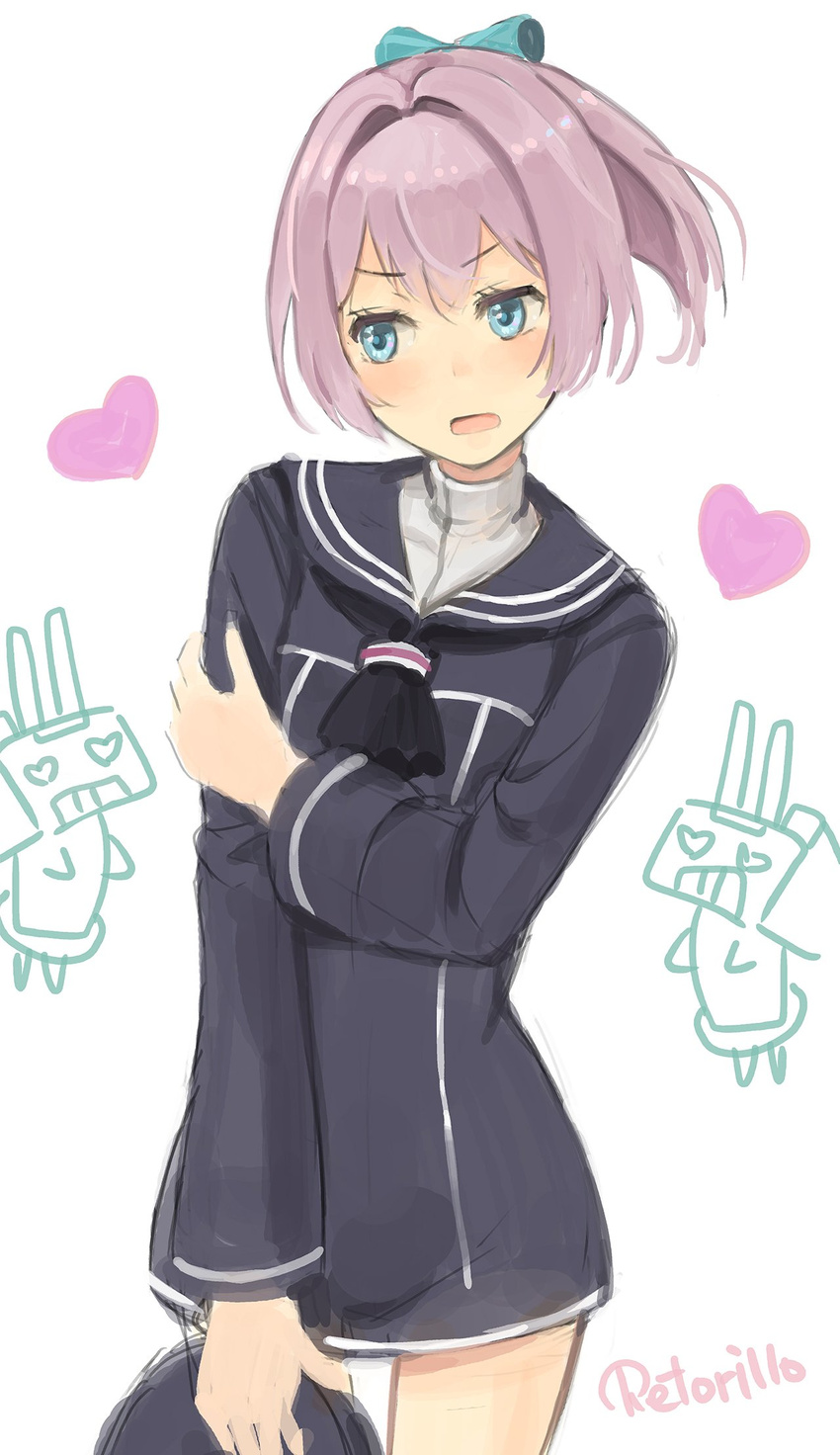 :o artist_name blue_eyes blush commentary cosplay doodle dress hat hat_removed headwear_removed heart heart_eyes highres holding holding_hat kantai_collection long_sleeves looking_away neckerchief pink_hair ponytail rensouhou-kun retorillo sailor_collar sailor_dress shiranui_(kantai_collection) sketch v-shaped_eyebrows white_background z3_max_schultz_(kantai_collection) z3_max_schultz_(kantai_collection)_(cosplay)