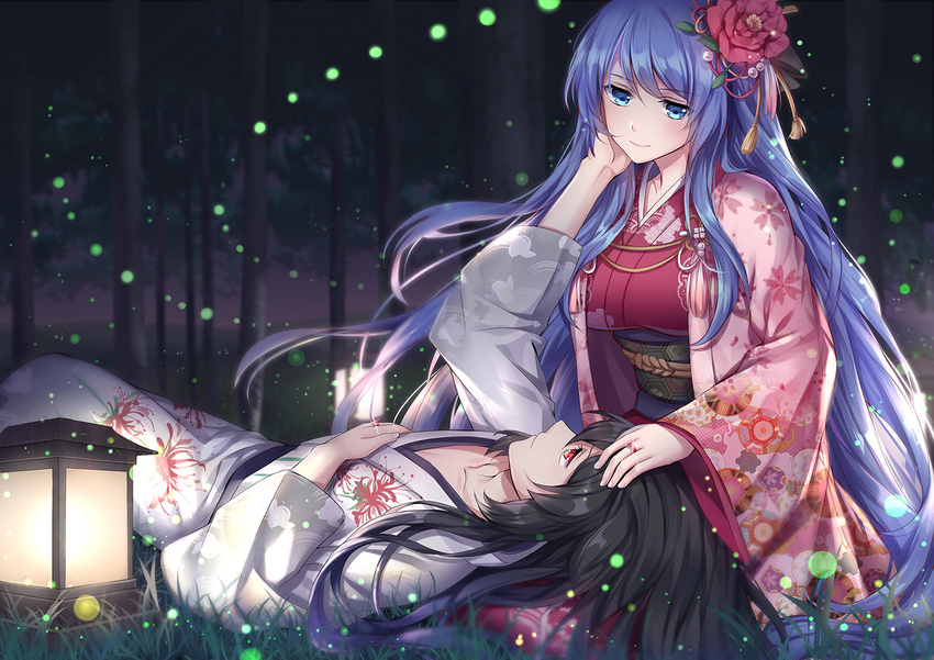 1girl althea_(sakiya0000) arm_up black_hair blue_eyes blue_hair breasts collarbone eye_contact floating_hair flower forest hair_flower hair_ornament hand_on_another's_cheek hand_on_another's_face hand_on_another's_shoulder japanese_clothes jewelry kimono lantern lap_pillow large_breasts long_hair looking_at_another lying nature night obi on_back original outdoors red_eyes red_flower red_kimono ring sash seiza sitting smile tree very_long_hair yukata