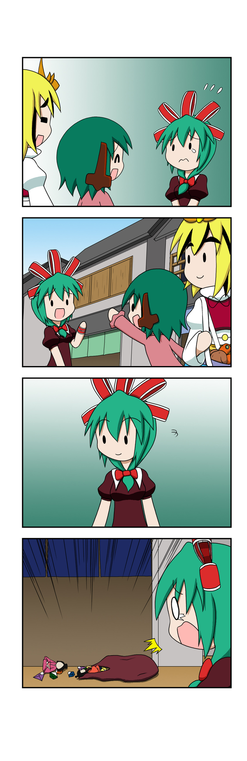 3girls 4koma absurdres bag carrot comic gradient gradient_background highres kagiyama_hina kasodani_kyouko multiple_girls potato rakugaki-biyori silent_comic toramaru_shou touhou