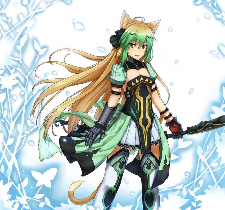 absurdres ahoge armor atalanta_(fate) bare_shoulders blonde_hair bow_(weapon) breasts fate/apocrypha fate/grand_order fate_(series) green_eyes green_hair hair_between_eyes highres long_hair multicolored_hair seaweed2017 small_breasts solo thighhighs weapon