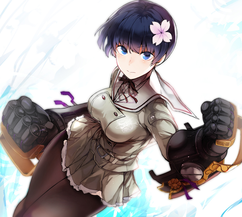 black_hair black_legwear blue_eyes breasts flower gauntlets hair_flower hair_ornament highres looking_at_viewer medium_breasts nishiide_kengorou pantyhose school_uniform senran_kagura serafuku short_hair skirt yozakura_(senran_kagura)