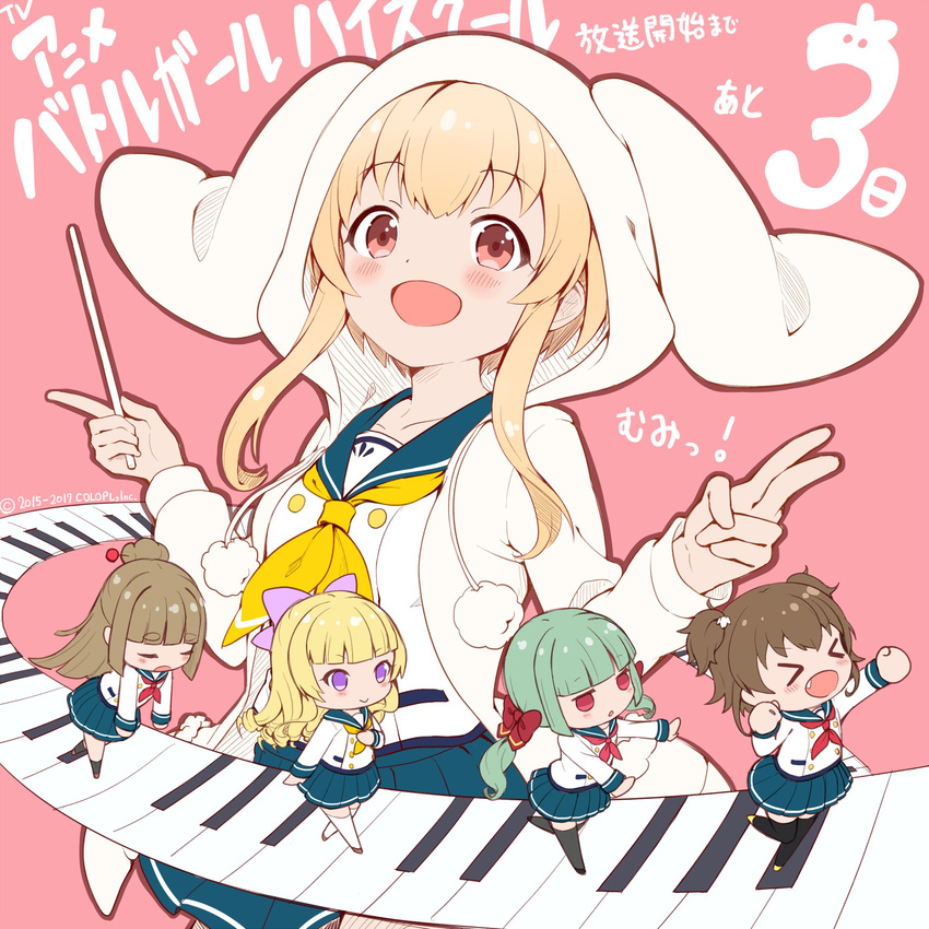 &gt;_&lt; :&gt; :d animal_hood battle_girl_high_school blonde_hair blush chibi closed_eyes fujimiya_sakura highres hood long_hair minami_hinata multiple_girls open_mouth piano_keys red_eyes sadone school_uniform sendouin_kaede short_hair smile watagi_michelle