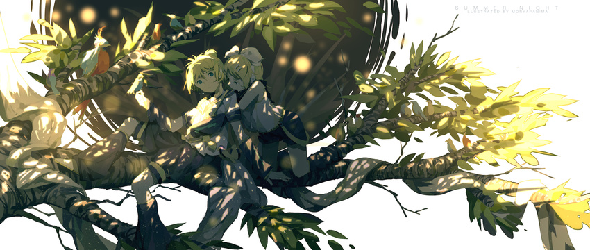 1girl artist_name bad_id bad_pixiv_id bird bird_on_hand blonde_hair blue_eyes bow branch commentary dappled_sunlight detached_sleeves english_commentary hair_bow headphones highres hug hug_from_behind in_tree kagamine_len kagamine_rin light_particles looking_back moryapanima sailor_collar shade short_hair shorts siblings sitting sunlight title tree twins vocaloid