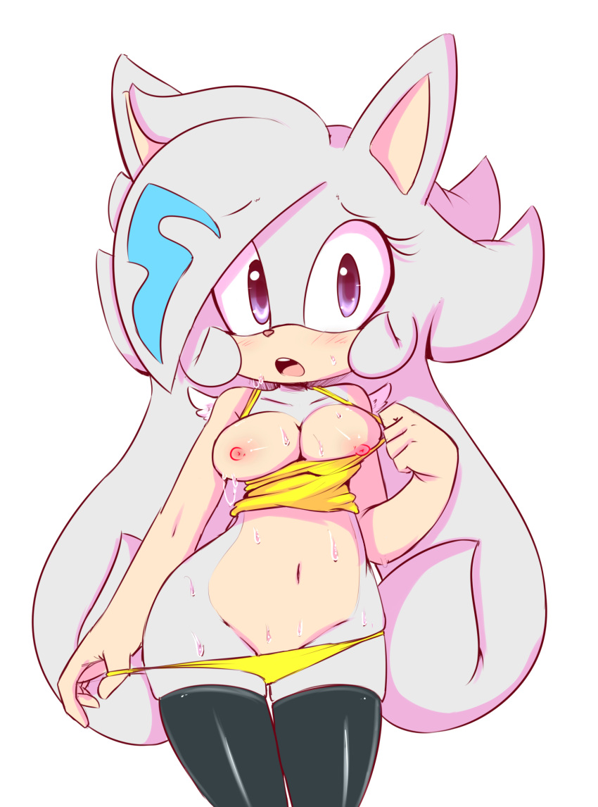 anthro blush bracelet breasts clothed clothing eyelashes fan_character female hair hearlesssoul jewelry legwear long_hair navel nipples open_mouth panties partially_clothed solo sonic_(series) stockings summer_the_hybrid sweat underwear