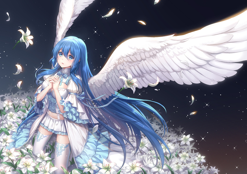 althea_(sakiya0000) angel_wings blue_bow blue_eyes blue_hair blush bow breasts crop_top feathered_wings floating_hair flower frilled_skirt frills hair_between_eyes hands_clasped kneeling long_hair medium_breasts midriff miniskirt neck_ribbon original own_hands_together parted_lips petals pleated_skirt ribbon skirt solo stomach suspender_skirt suspenders thighhighs very_long_hair white_flower white_legwear white_skirt white_wings wings zettai_ryouiki
