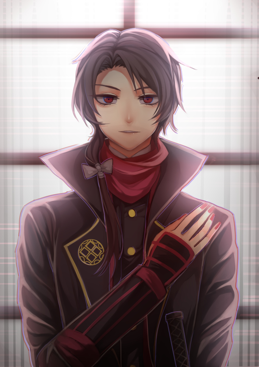 absurdres bad_id bad_pixiv_id bingbing black_hair blush bow hair_bow highres kashuu_kiyomitsu looking_at_viewer male_focus medium_hair nail_polish parted_lips ponytail red_eyes red_nails smile solo touken_ranbu upper_body white_bow